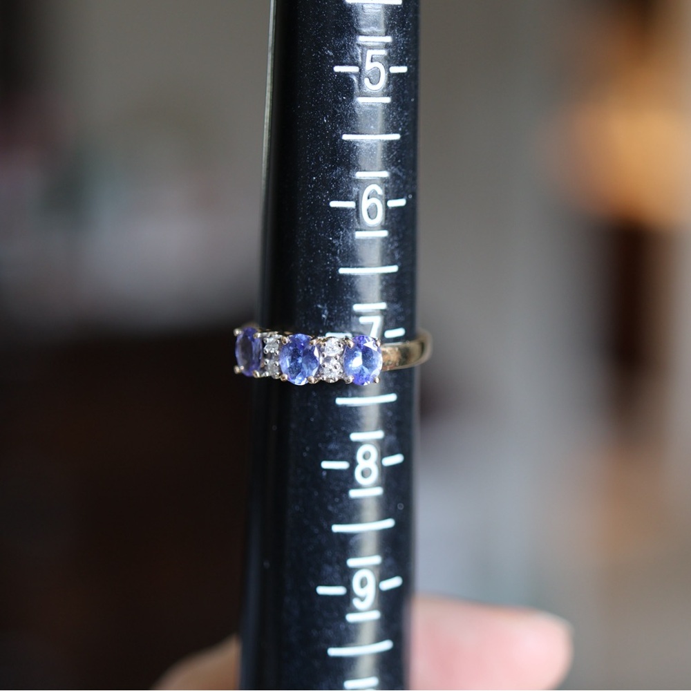 Three-Stone Blue Sapphire and Diamond Gold Ring 14k - Picture 9 of 9
